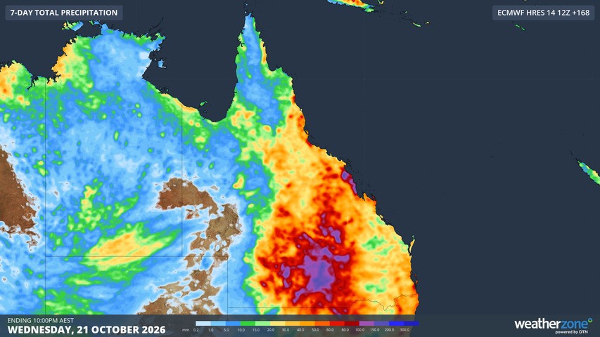 Image: Predicted rainfall across Qld and parts of nearby states up until 10 pm (AEST) on Wednesday, October 21, 2026, according to the ECMWF model. Source: Weatherzone