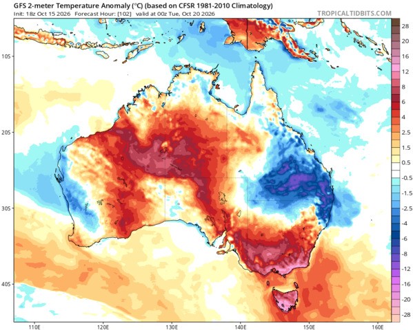 Image: Temperature anomalies across Australia predicted for the morning of Tuesday, October 20, 2026. Source: Tropical Tidbits