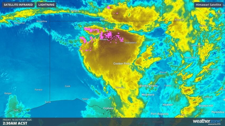 Image: Enhanced infrared satellite image combined with lightning strike observations. Source: Weatherzone.