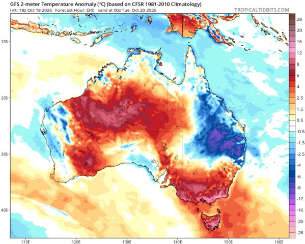 Image: Forecast temperature anomalies across Australia on Monday, October 19, 2026. Source: Tropical Tidbits