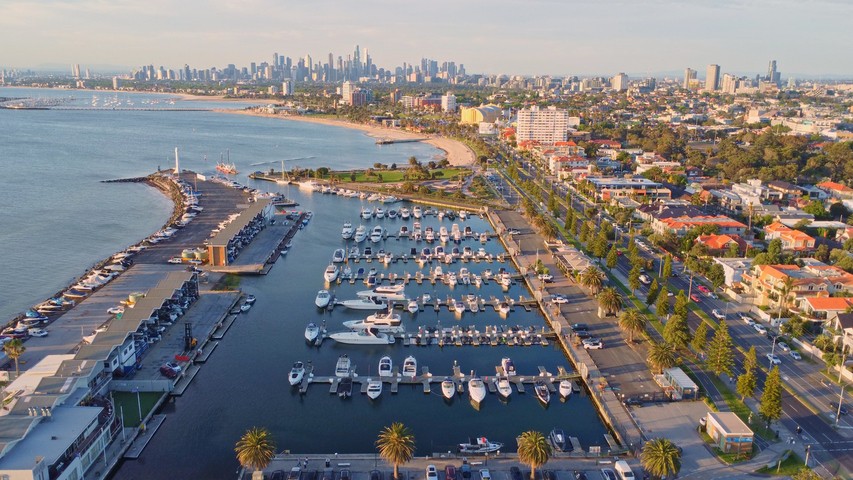 Image: Clear spring weather across Melbourne with St Kilda Marina in the foreground. Source: iStock/Mujie