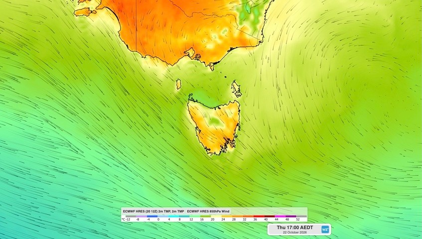 Image: Modelled surface air temperature and 850 hPa wind at 5 pm AEDT on Thursday, October 22, 2026. Source: Weatherzone.