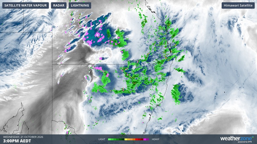 Image: Storms over northern NSW and southern Qld on the afternoon of Wednesday, October 21, 2026. Source: Weatherzone