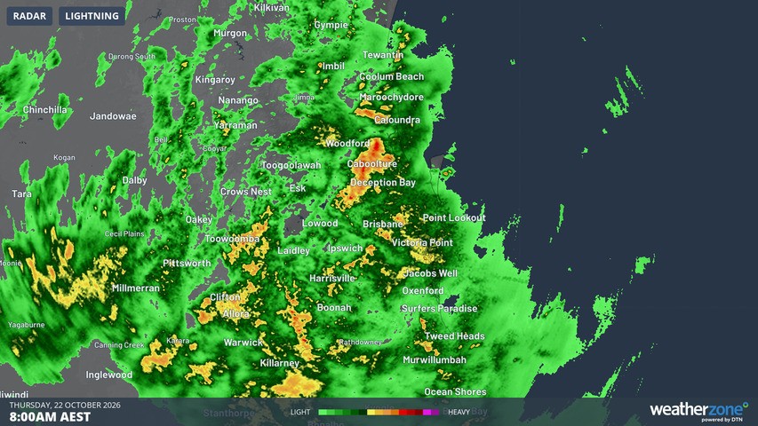 Image: Rain radar around Brisbane at 8 am (AEST) on Thursday, October 22, 2026. Source: Weatherzone