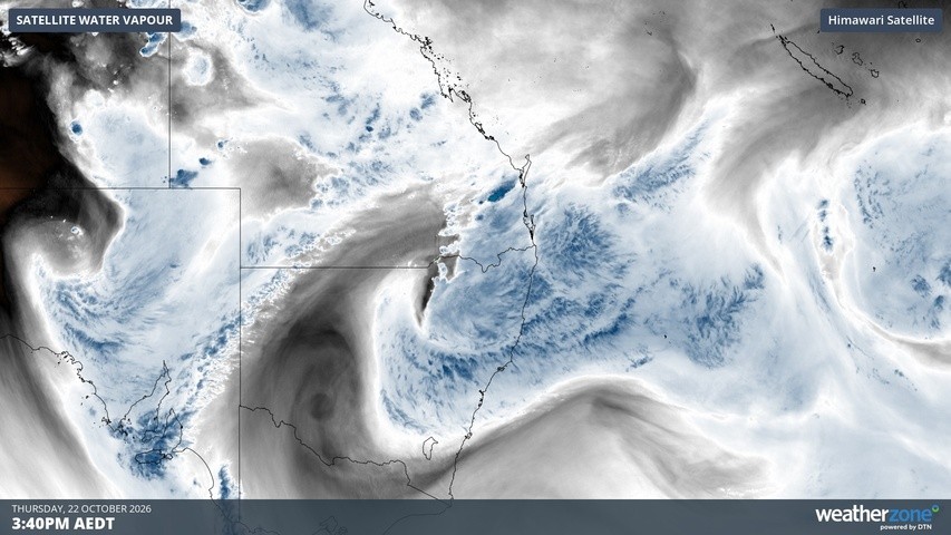 Image: Water vapour satellite showing cloud over eastern Australia on Thursday, October 22, 2026. Source: Weatherzone.