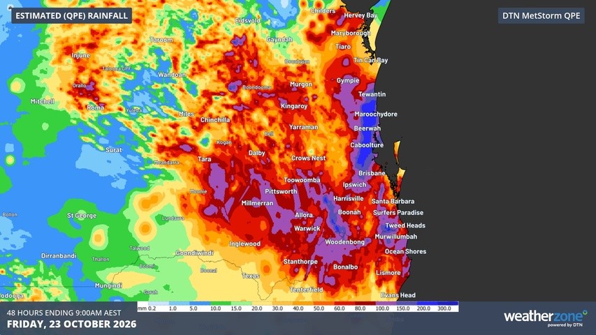 Image: Estimate of Queensland rainfall in the 48 hours to 9 am Friday (AEST), October 23, 2026, based on radar data. Source: Weatherzone