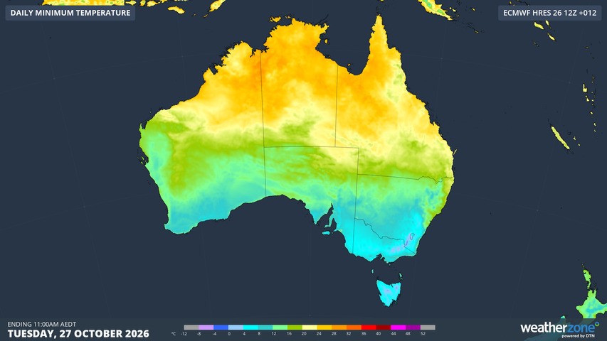 Image: Minimum temperatures across Australia on the morning of Tuesday, October 27, 2026. Source: Weatherzone