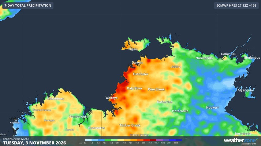 Image: Predicted Top End 7-day rainfall accumulation up until next Tuesday, November 3, 2026, according to the ECMWF model. Source: Weatherzone